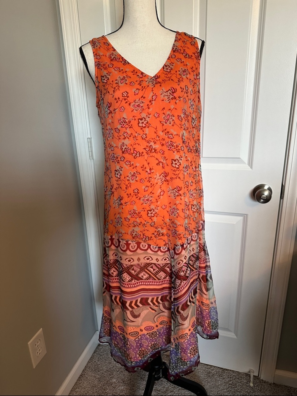 Sundance Medium Orange Floral Boho Midi Dress Rayon Border Print Sleeveless